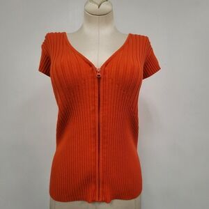 Y2K Full Zip Deep V Neck Hooded Top Size L Ribbed Cap Sleeve Orange Streetwear